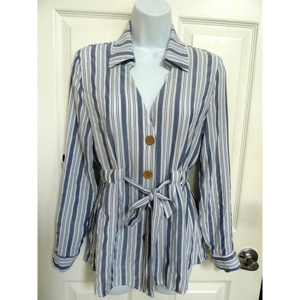 L.I.F.E. Women Small Roll-Tab Tie Waist Blouse Blue White Vertical Stripe Top
